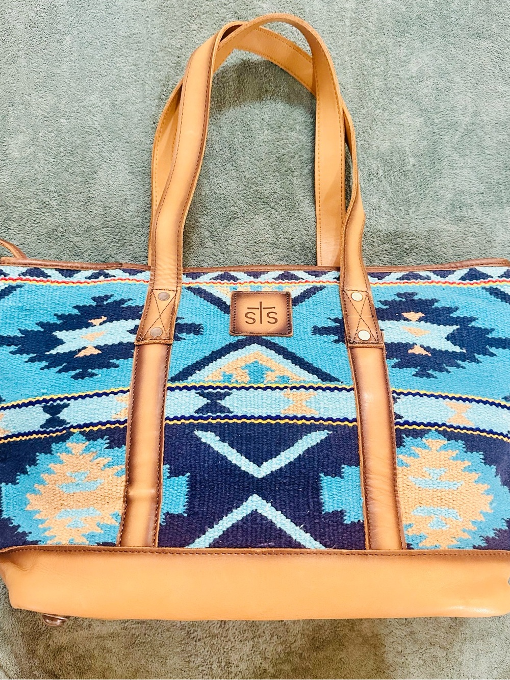 STS Ranchwear Southwestern Tote Bag Turquoise Blue Aztec Pattern - Picture 2 of 7